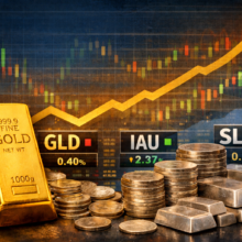 Gold and silver bars with GLD, IAU, and SLV ETF tickers displayed on a financial chart background