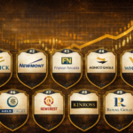 Gold bars and top US gold mining company logos displayed on a financial chart background