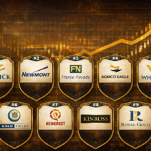 Gold bars and top US gold mining company logos displayed on a financial chart background