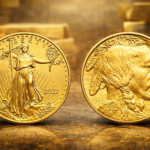 American Gold Eagle and American Gold Buffalo coins displayed side by side on gold background