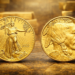 American Gold Eagle and American Gold Buffalo coins displayed side by side on gold background