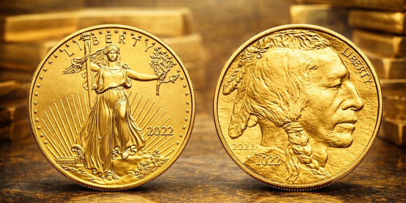 American Gold Eagle and American Gold Buffalo coins displayed side by side on gold background