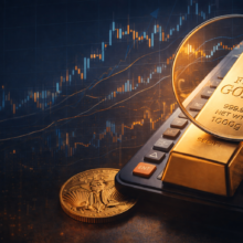 Gold bar on calculator with magnifying glass analyzing candlestick chart representing gold technical analysis