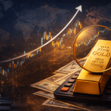 Gold bar on calculator with magnifying glass analyzing rising candlestick chart and market trend