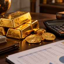 Gold bars and gold coins representing the hidden costs of buying, storing, and selling physical gold.